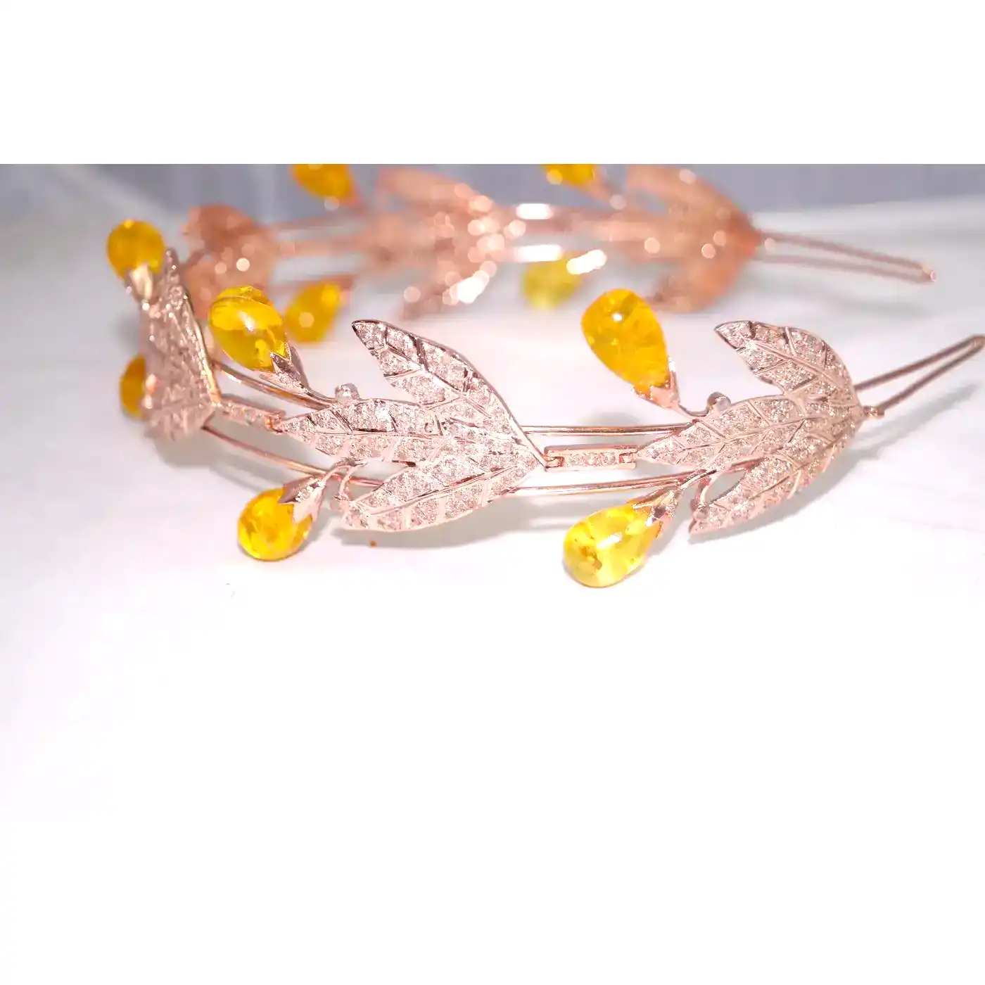 Golden Harvest Leaf Convertible Tiara Necklace Set – Silver with Diamond & Yellow Sapphire Teardrop Gemstones (39 Carats) - Image 11