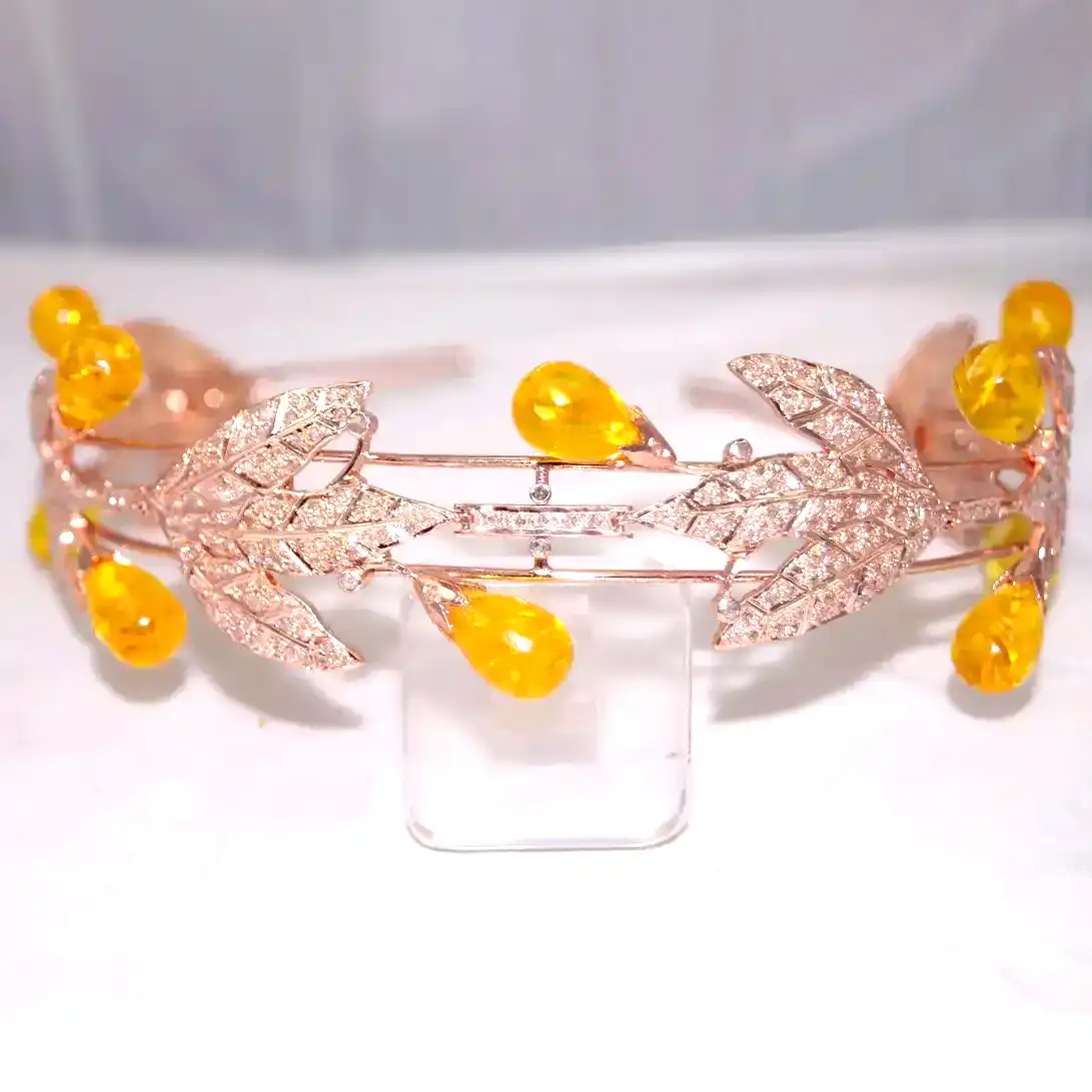 Golden Harvest Leaf Convertible Tiara Necklace Set – Silver with Diamond & Yellow Sapphire Teardrop Gemstones (39 Carats) - Image 12