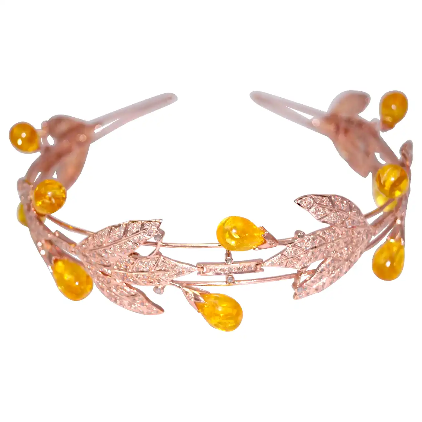 Golden Harvest Leaf Convertible Tiara Necklace Set – Silver with Diamond & Yellow Sapphire Teardrop Gemstones (39 Carats) - Image 14