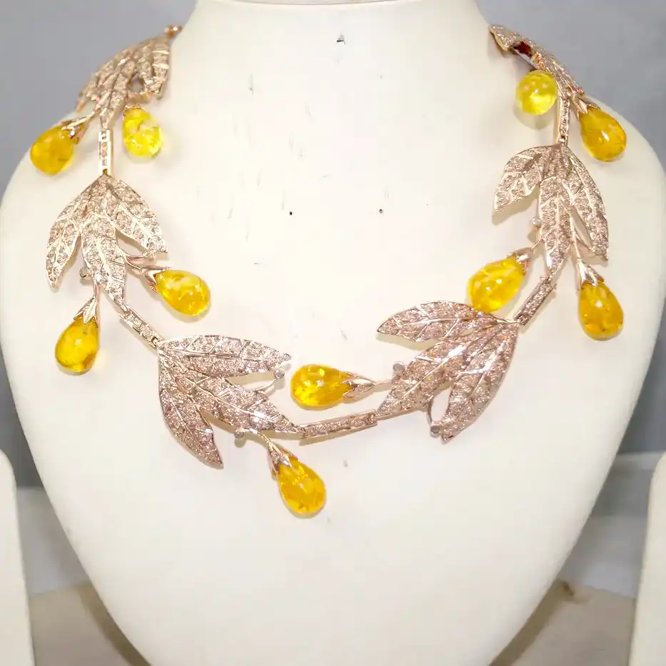 Golden Harvest Leaf Convertible Tiara Necklace Set – Silver with Diamond & Yellow Sapphire Teardrop Gemstones (39 Carats) - Image 2
