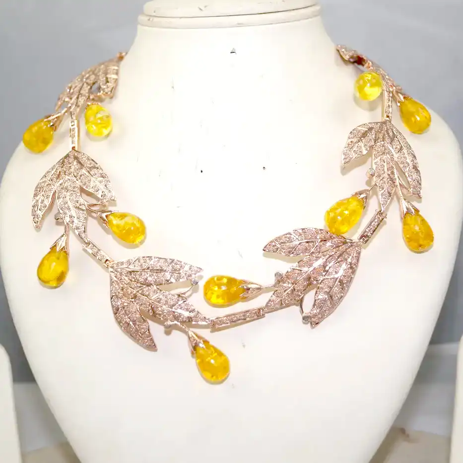 Golden Harvest Leaf Convertible Tiara Necklace Set – Silver with Diamond & Yellow Sapphire Teardrop Gemstones (39 Carats) - Image 3