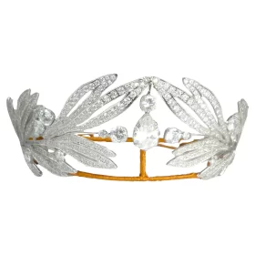 Botanical Leaf Design Convertible Crown Tiara Necklace Set with Diamond & Pear Cut White Topaz – Royal Sterling Finish (41 Carats)