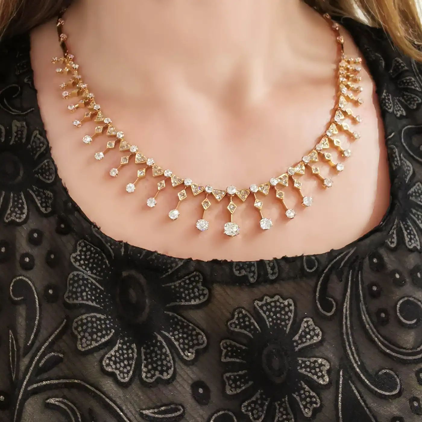 Geometric Victorian Diamond Convertible Tiara Necklace Set (12 Carats) - Image 5