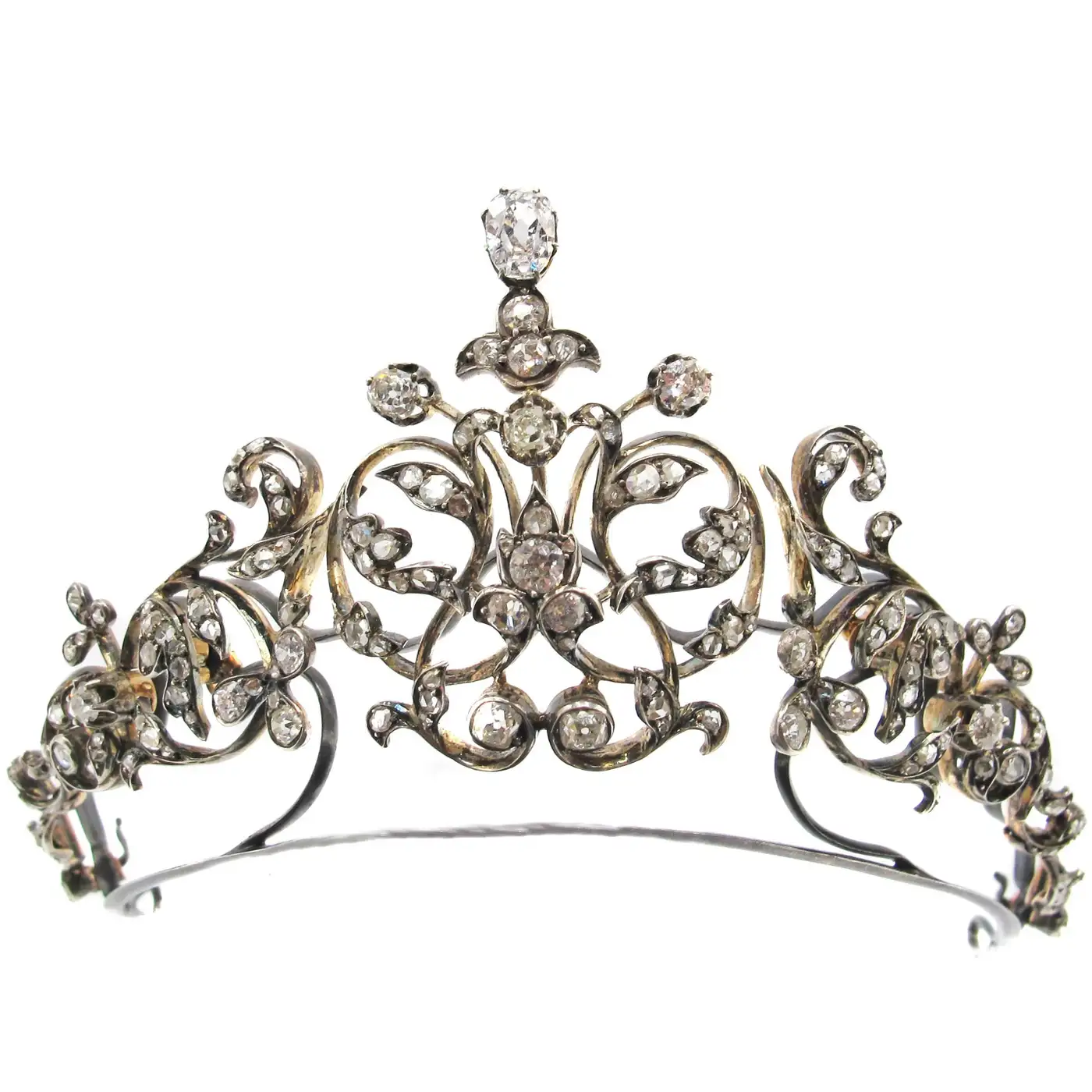 Antique Victorian Diamond Fleur-de-Lis Crown Tiara Necklace Set (14 Carats)