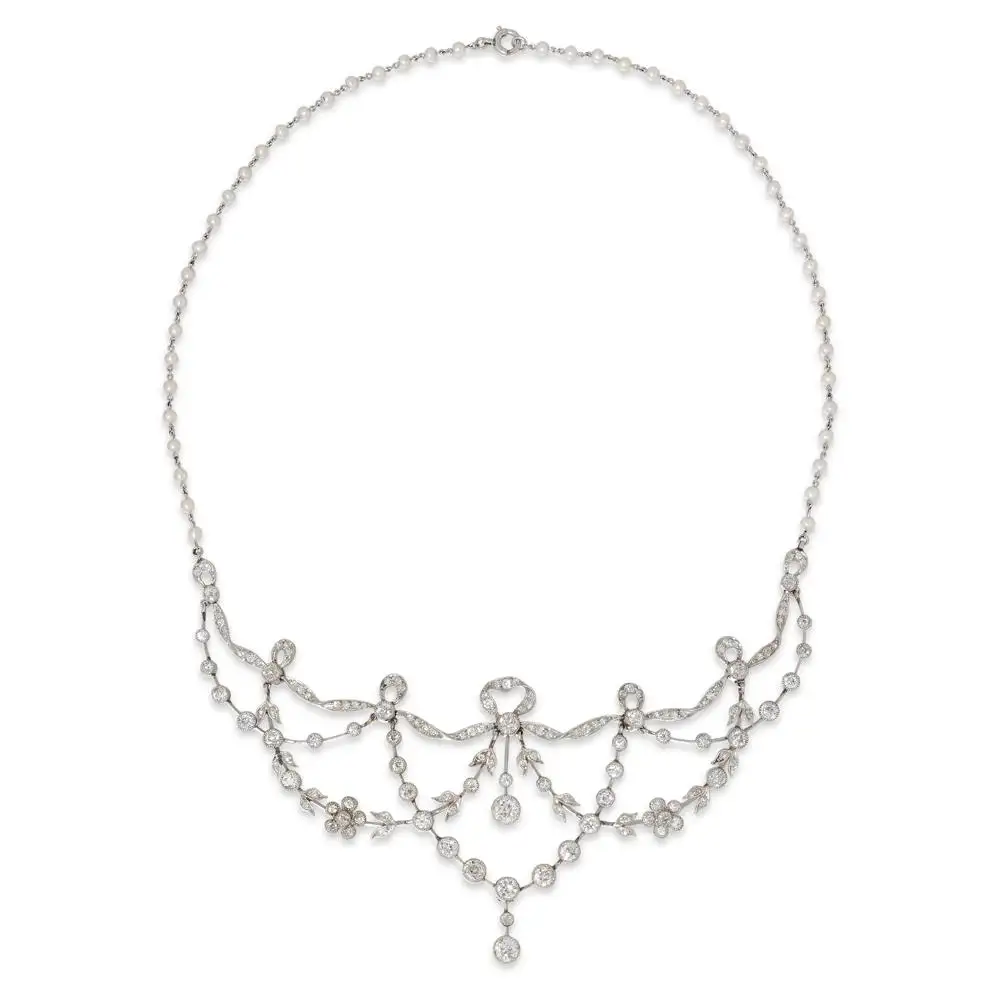 Garland Motif Pearl & Diamond Crown Tiara Necklace Set (8.50 Carats) - Image 3