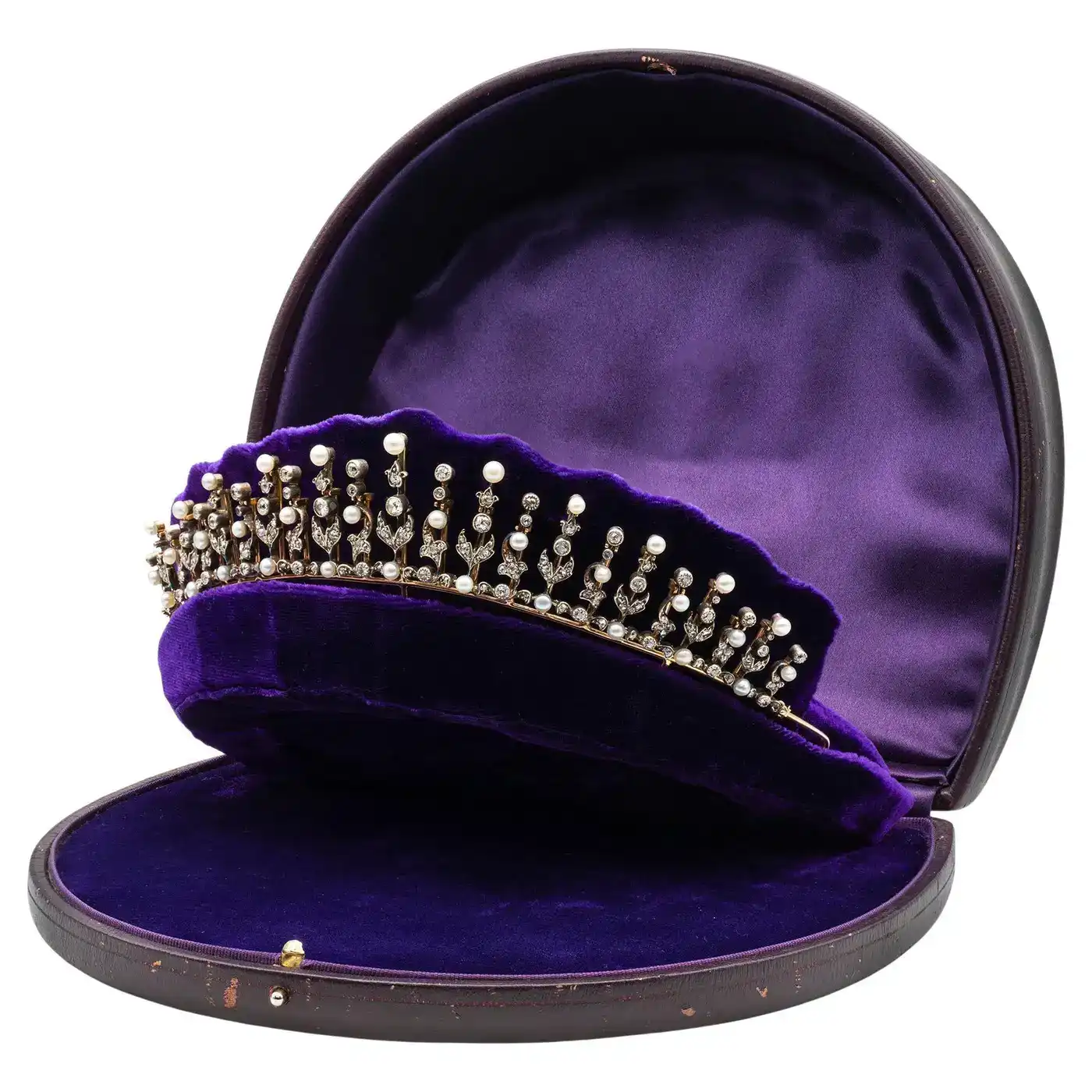 Edwardian Natural Pearl & Diamond Floral Spray Tiara Necklace Set (24 Carats) - Image 7