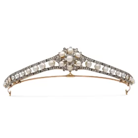 Antique Pearl & Diamond Floral Headband Tiara Necklace Set (62.75 Carats)